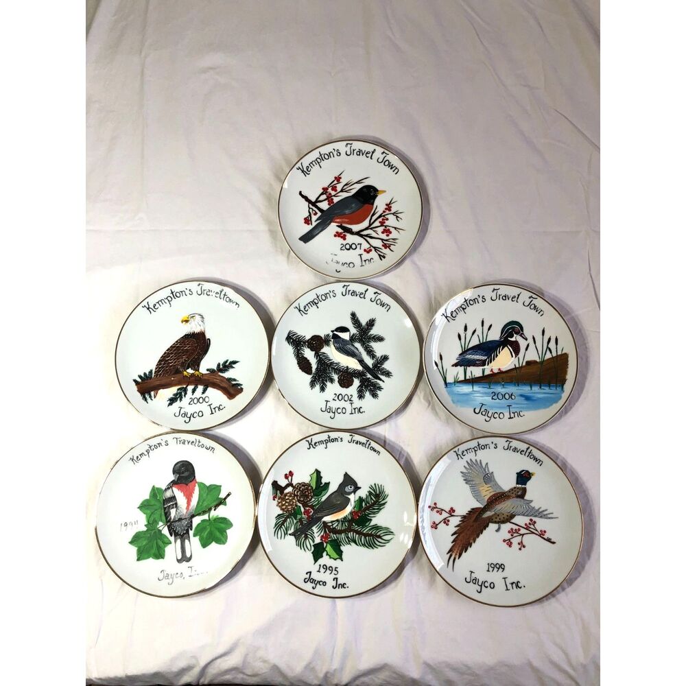 Jayco Kempton Travel Town Commemorative Bird Plates 7 Pc Set Raised Enamel Japan